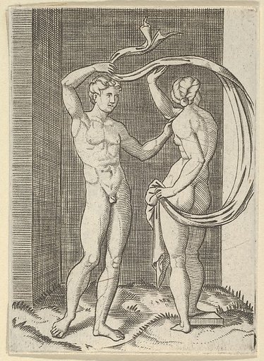 Naked woman viewed from behind holding fabric which billows behind her, looking at naked man standing before her