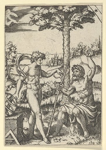 Seated old shepherd gesturing towards the sky and speaking to nude male surrounded by tools of measurement
