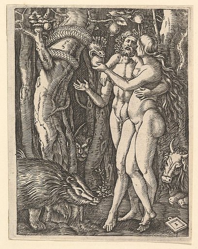 Adam and Eve with apple and serpent, from "The Passion of Christ", after Dürer