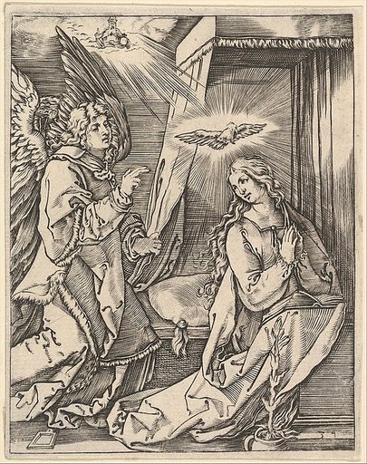 The Annunciation; on the left the archangel Gabriel approaches the praying Virgin Mary in her bedchamber, over her head a dove representing the Holy Ghost, in the sky above a figure of God the Father, from "The Passion of Christ", after Dürer