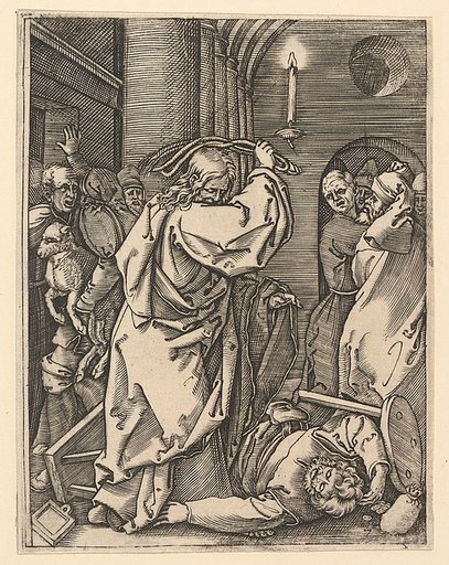 The Cleansing of the Temple; Christ driving the money-changers from the temple and raising a scourge over his left shoulder, as if to strike a man on the floor, from "The Passion of Christ"