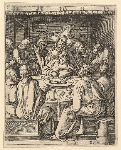 The Last Supper; The last supper with Christ sitting in the center embracing John, from "The Passion of Christ", after Dürer