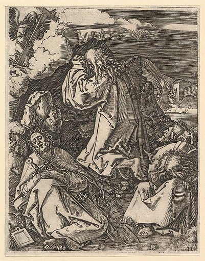 Christ praying on Mount of Olives; Roman soldiers entering through garden gate in far background, from "The Passion of Christ", after Dürer