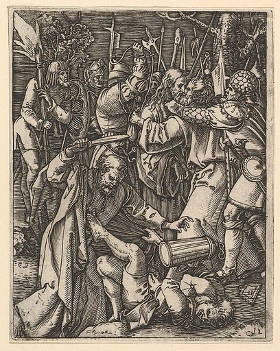 Judas kissing Christ surrounded by soldiers; St Peter attacking Malchus in foreground, from "The Passion of Christ", after Dürer
