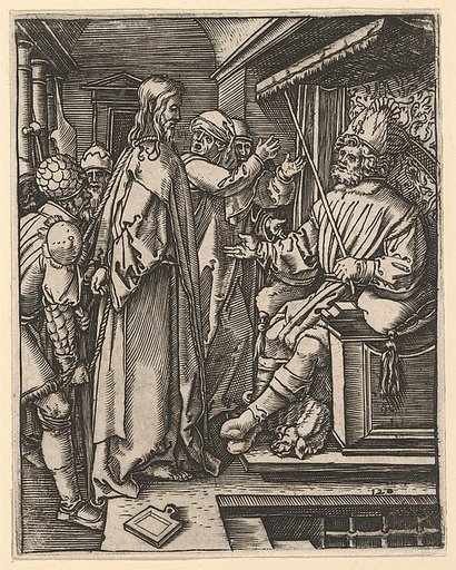 Christ standing, hands tied behind back, before Herod seated on throne, from "The Passion of Christ", after Dürer