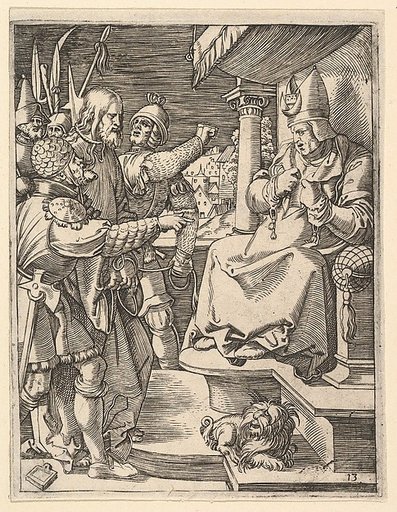 Christ before Caiaphas: soldiers present Christ to seated hight priest who tears his garments, from "The Passion of Christ", after Dürer