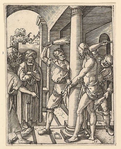The Flagellation: Pilate stands under archway on left watching two men flagellate figure of Christ tied to column, from "The Passion of Christ", after Dürer