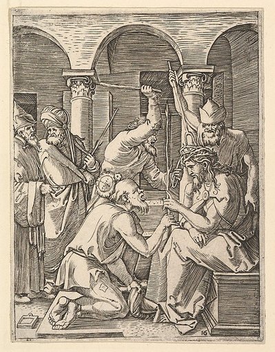 The Crown of Thorns; men putting crown of thorns on Christ who blesses kneeling man, from "The Passion of Christ", after Dürer