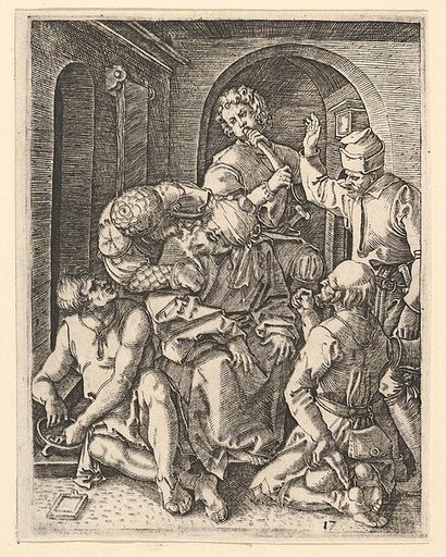 The mocking of Christ who is seated in center, blindfolded, from "The Passion of Christ", after Dürer
