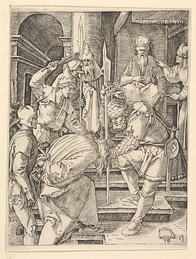 Christ captured and being dragged by hair up steps before the throne of the high priest  Annas, from "The Passion of Christ", after Dürer