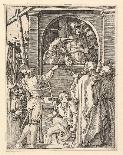 Ecce Homo: Christ wearing the crown of thorns standing in a loggia presented to a crowd, from "The Passion of Christ", after Dürer