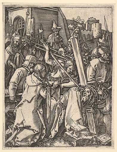 The Bearing of the Cross; Christ bearing the cross, supporting himself with one arm on the ground, from "The Passion of Christ", after Dürer