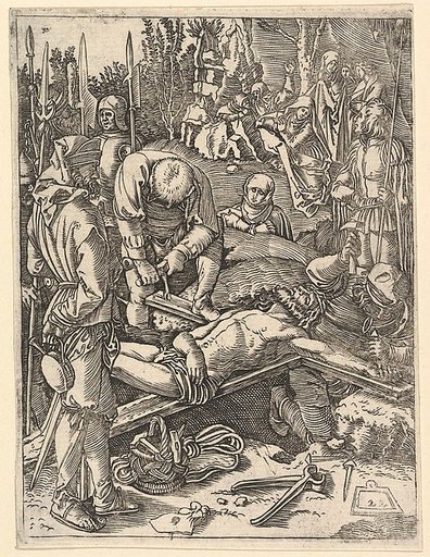 Two men nailing Christ to the cross before onlookers, from "The Passion of Christ", after Dürer
