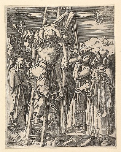 The Descent from the Cross; Christ being taken from the cross, St John supports weight with cloth rope, from "The Passion of Christ", after Dürer