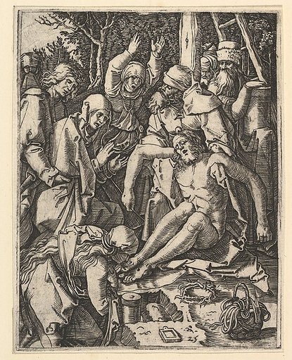 The Deposition; Christ being taken from the Cross, a man on a ladder is holding the body while St John is supporting the weight with a cloth rope, from "The Passion of Christ", after Dürer