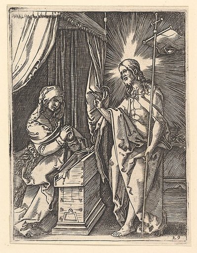 Christ appearing to Mary who is kneeling in prayer, from "The Passion of Christ", after Dürer