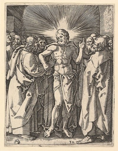 The Doubting Thomas; Christ among his disciples, Saint Thomas touching Christ's wound, from "The Passion of Christ", after Dürer
