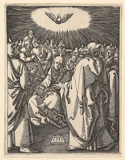 The Pentecost; the Holy Dove appears above, below sits the Virgin surrounded by  Apostles, from "The Passion of Christ"