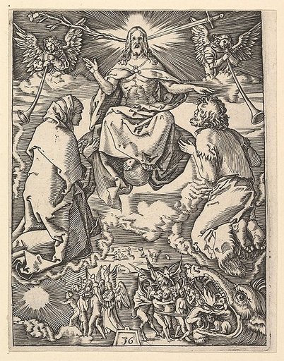 The Last Judgment; Christ with lily and sword at top, flanked by Virgin and St John the Baptist interceeding on behalf of the humans below, from "The Passion of Christ", after Dürer