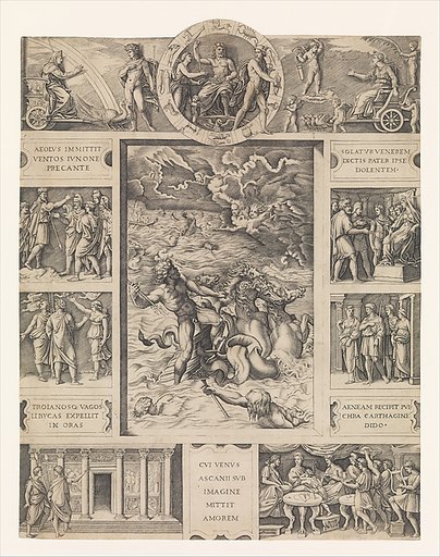 Neptune calming the tempest which Aeolus raised against Aeneas' fleet, from Book I of the Aeneid