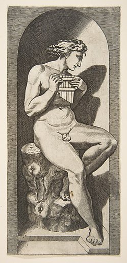 Olympus naked seated on a tree stump holding pipes, set within a niche