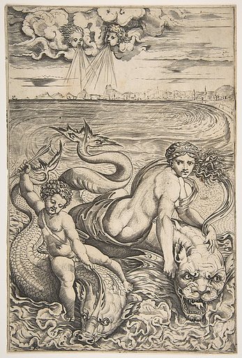 Venus and Cupid riding two sea creatures, Cupid raising an arrow with his right hand and two heads representing wind in the clouds above