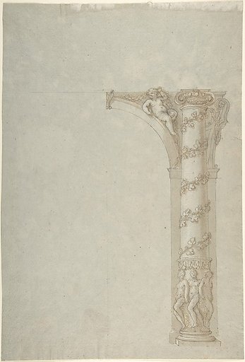 Design for the Bay of an Arcade with Female Figures at the Base and an Arch with a Putto in the Spandrel