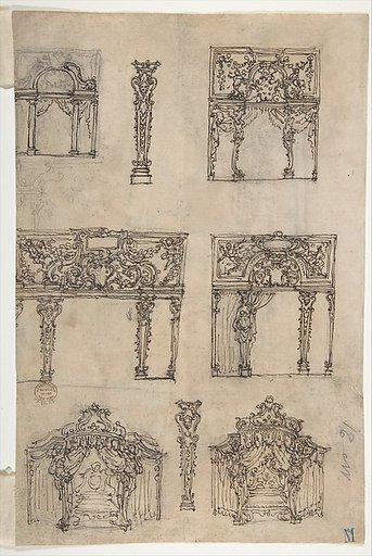 Designs for Archways and Baldachins with Caryatids and Coats of Arms (recto); Design for a Monument with Statues of Prudence and Fortitude (verso)