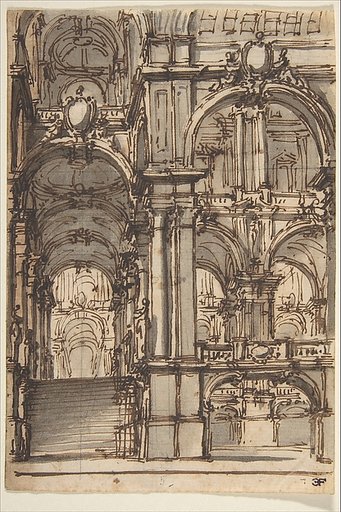 Design for a Stage Set:  Stairway and Arcades Leading to a Salone