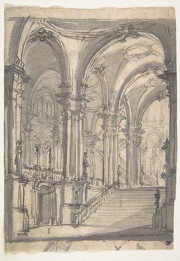 Design for a Stage Set: Groin-Vaulted Stairway Leading to a Gallery with Another Stairway to a Second Story at Left (recto); Slight Sketch Traced Through from the Recto and Reworked (verso)