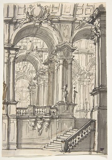 Design for a Stage Sets:  Anteroom with Stairs Leading to a Gallery Composed of a Series of Connected Barrel Vaults