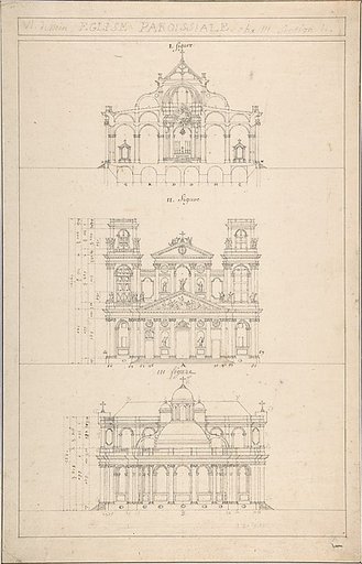 Drawing of Interior, Façade, and Rear of Church