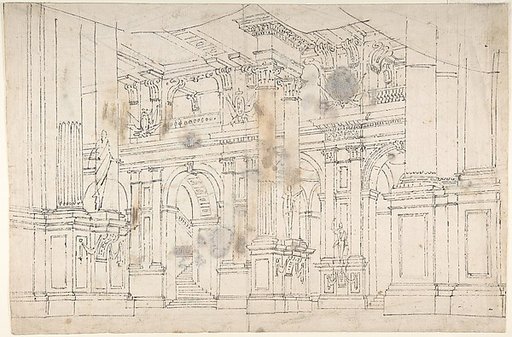 Outline Drawing: Stage Set Design for a Performance of "Iphigenia". Verso: Two Designs for Palace Interiors.