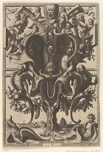 Auricular Cartouche with Figures within a Strapwork Frame, from "Veederley Veranderinghe van grotissen ende Compertimenten. Libro Primo"