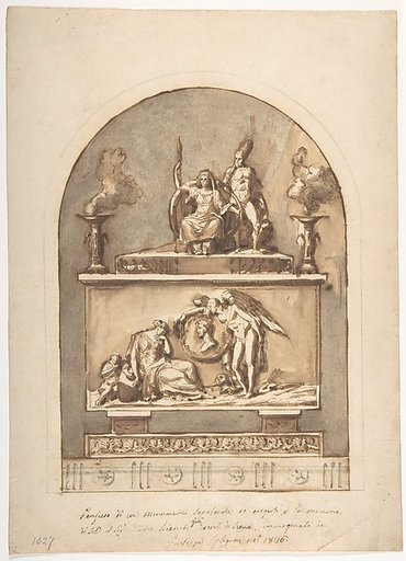 Design for a Sepulchral Monument Divided in Two Parts with Bas Relief Surmounted by Statues and Foliate Decoration Below