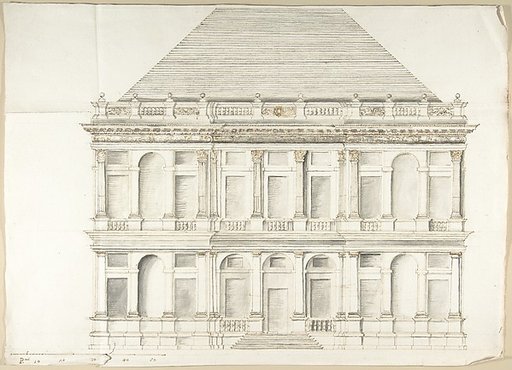 Two-Story Façade of a Palace with a Mansard Roof