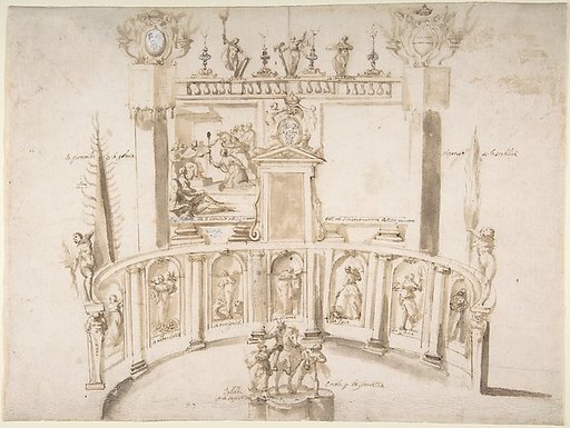Design for a Garden Fête with a Semi-circular Wall and Statues in Niches.