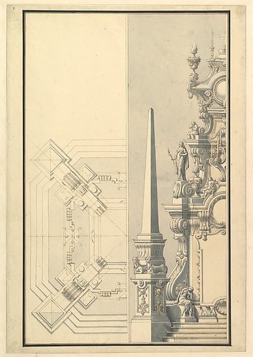 Half elevation and half ground plan for a catafalque for Margherite Louise d'Orleans, Granduchess of Tuscany (1645–1721)