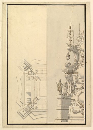 Half Ground Plan and Half Elevation of a Catafalque, surmounted by a royal Crown