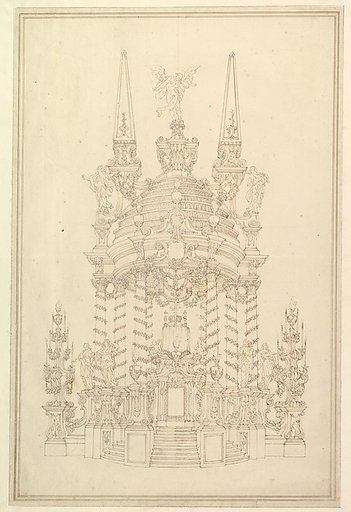 Elevation of a Catafalque: Wreathed Columns Supporting a Stepped Dome Surmounted by two Obelisks with Figure of Saturn between Them