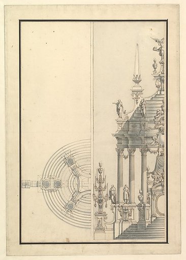 Half Elevation and Half Ground Plan for a Catafalque: Columns Supporting a Steeped Dome with two Obelisks Surmounted by Figure of Fame