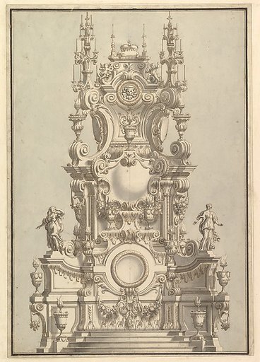 Elevation of a Catafalque, Surmounted by a Royal Crown, with Scull and Cross Bones in Wreath-Encircled Cartouche just below