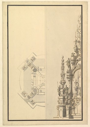 Half Plan and Half Elevation for a Catafalque with Royal Crown Surmounting the Casket