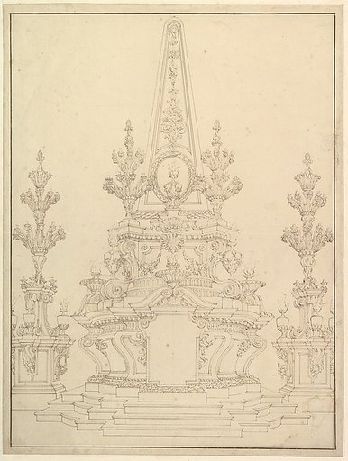 Elevation of a Catafalque: Two Pedestals with Candelabra at Sides; with Central Obelisk Surrounded by Candelabra (recto); Sketch of architecture: archway and corner with pillars (verso)