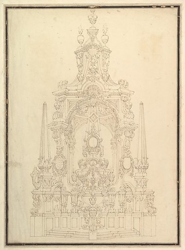 Elevation of a Catafalque: Obelisks at the Corners and One in Center
