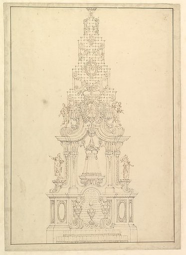 Elevation of a Catafalque: the Central Part Comprised of a Series of Steps to Top; with Statues and Central Cartouche with a Figural Scene: a Figure Kneeling before Virgin and Child (?)