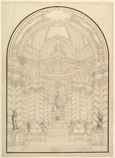 A Chapel with Figures of Statues en Grisaille of Faith, Hope and Charity and four Putti with Symbols of the Passion