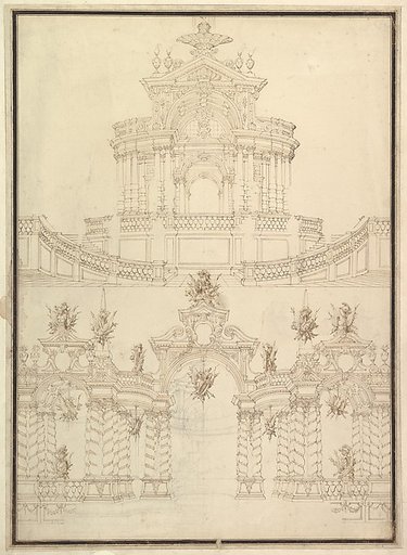Designs for Components of Stage Sets: at Bottom: Spiral and Wreathed-Colonnaded Pavillion with Central Arch Surmounted by Military Trophy and Another Hanging Inside Arch; at Top: Centralized Pavillion Decorated by Pediment Surmounted by Fountain