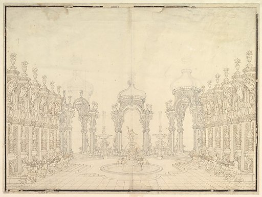 Designs for Stage Set: Three Pavillions in Background with "Oriental" (Ogival) Cupolas with Two Small Fountains between Them; in Foreground, a large Fountain with Dolphins Surmounted by Neptune