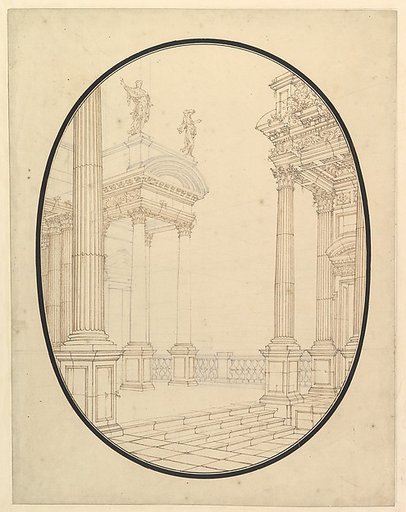 Architectural Perspective, in an Oval: Porch of a Palace with Corinthian Columns
